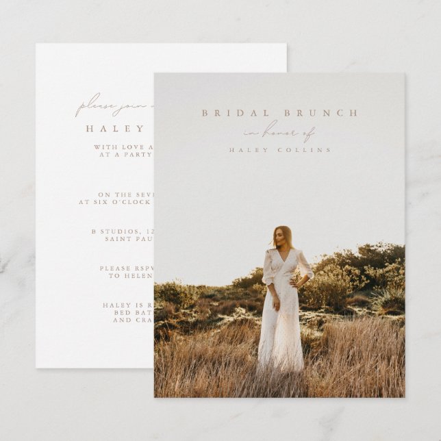 White Modern Script Photo Bridal Brunch Invitation (Front/Back)