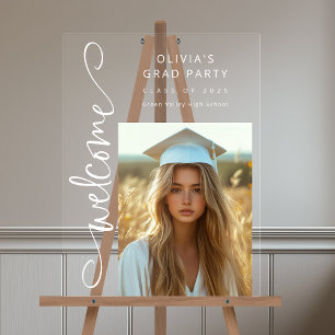 White Modern Script Photo Grad Party Welcome Acrylic Sign