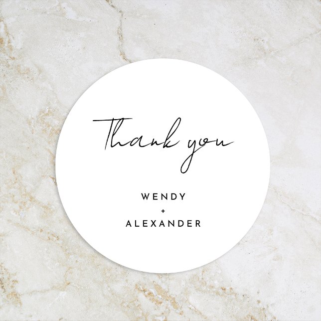 White Modern Script Wedding Thank You Classic Round Sticker (Creator Uploaded)