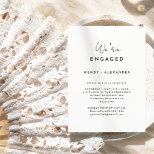 White Modern Script We're Engaged Engagement Party Invitation