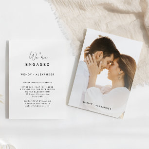 White Modern Script We're Engaged Photo Engagement Invitation