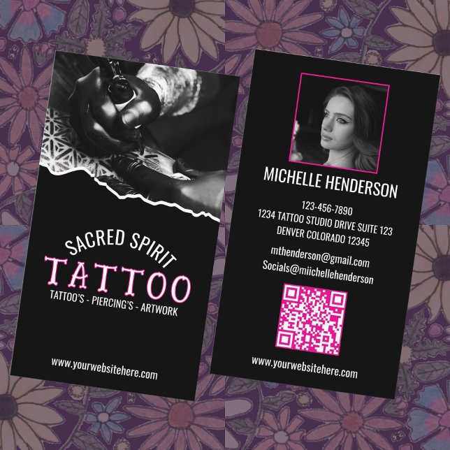 White Modern Text 2 Photo QR Code Tattooist Business Card (Creator Uploaded)