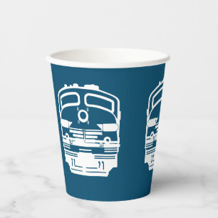 White Modern Train Engine on Blue Background Paper Cups