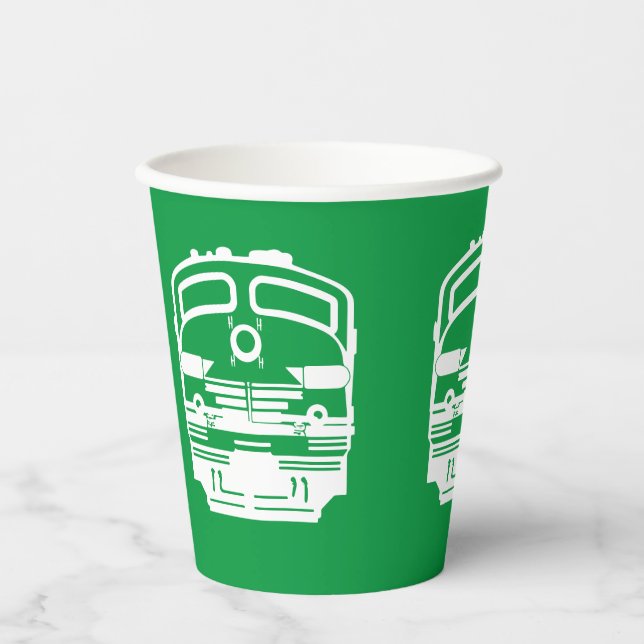 White Modern Train Engine on Green Background Paper Cups (Front)
