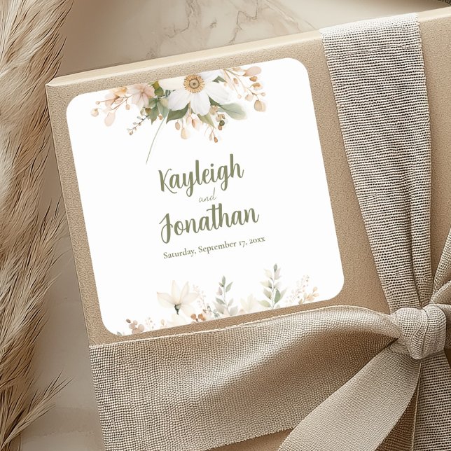 White Modern Watercolor Floral Wedding Square Sticker (Creator Uploaded)