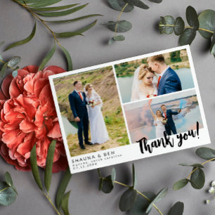 White Modern Wedding 3 Photo Collage Thank You Card