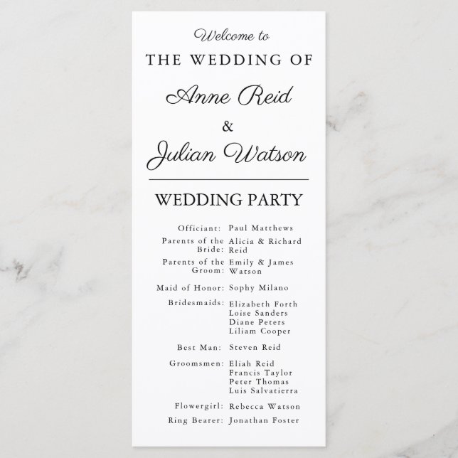White Modern  Wedding Timeline and Party QR Code Program (Front)