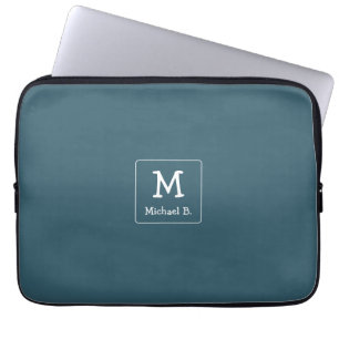 White Monogram and Name on Blue Laptop Sleeve