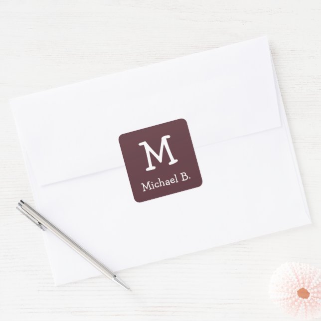 White Monogram and Name on Dusty Burgundy Square Sticker (Envelope)