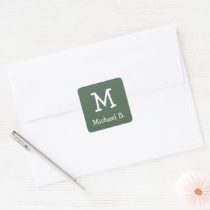 White Monogram and Name on Green Rounded Square Sticker