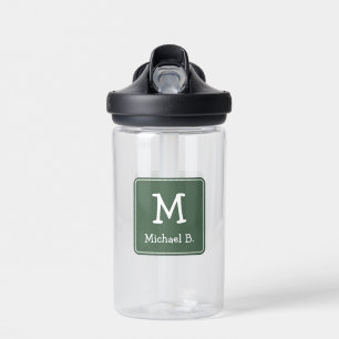White Monogram and Name on Green Rounded Square Water Bottle