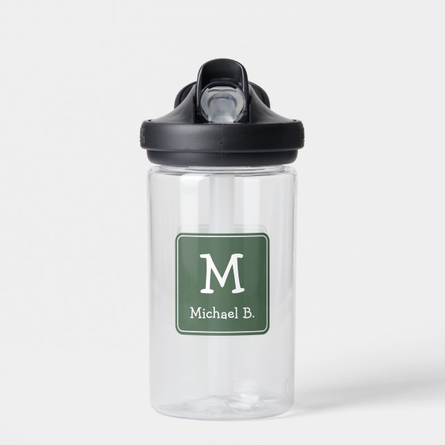 White Monogram and Name on Green Rounded Square Water Bottle (Front)