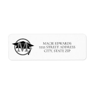 White Monogram Black Graduation Cap Return Address Label