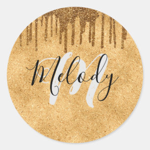White monogram black script on dripping gold   cla classic round sticker