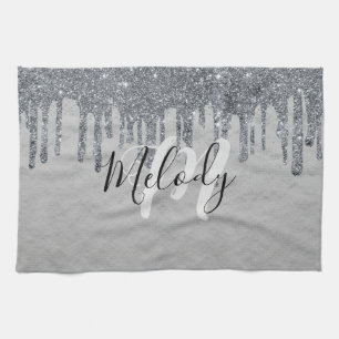 White monogram black script on dripping silver  wa tea towel
