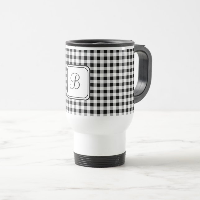 White Monogram, Buffalo Check Stainless Steel Travel Mug (Front Right)