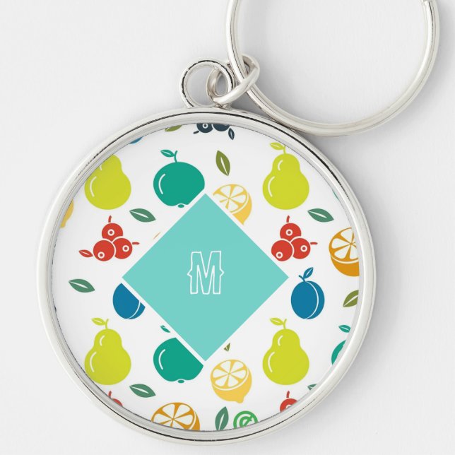 White Monogram Custom Colourful Fruits  Key Ring (Front)
