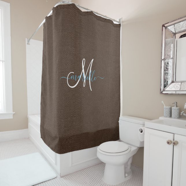 White Monogram Dark Chocolate Coffee Teal  Shower Curtain (In Situ)