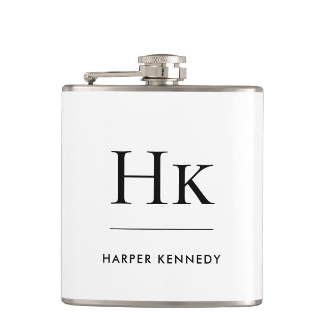 White Monogram Elegant Personalised Name  Hip Flask (Front)