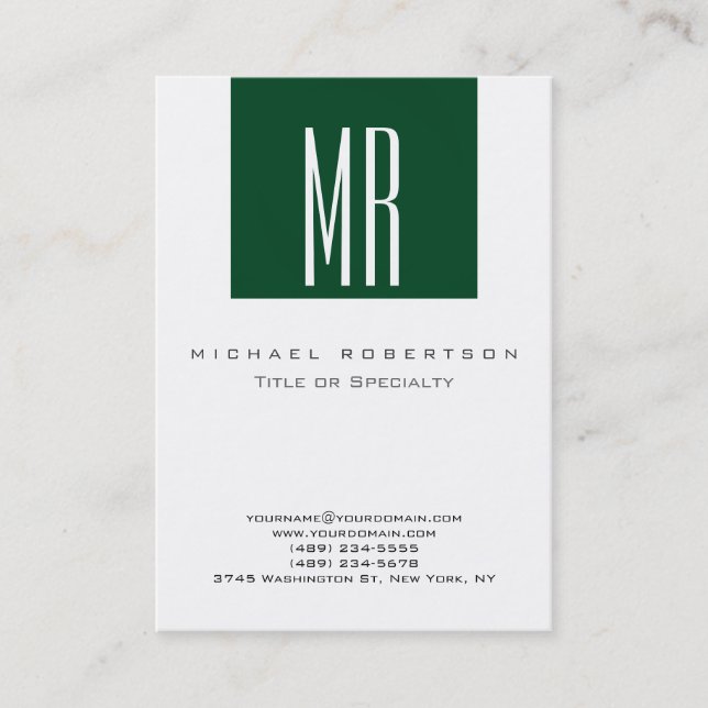 White Monogram Forest Green Chubby Business Card (Front)
