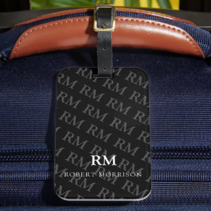 White Monogram Initials Grey Pattern Black Luggage Tag