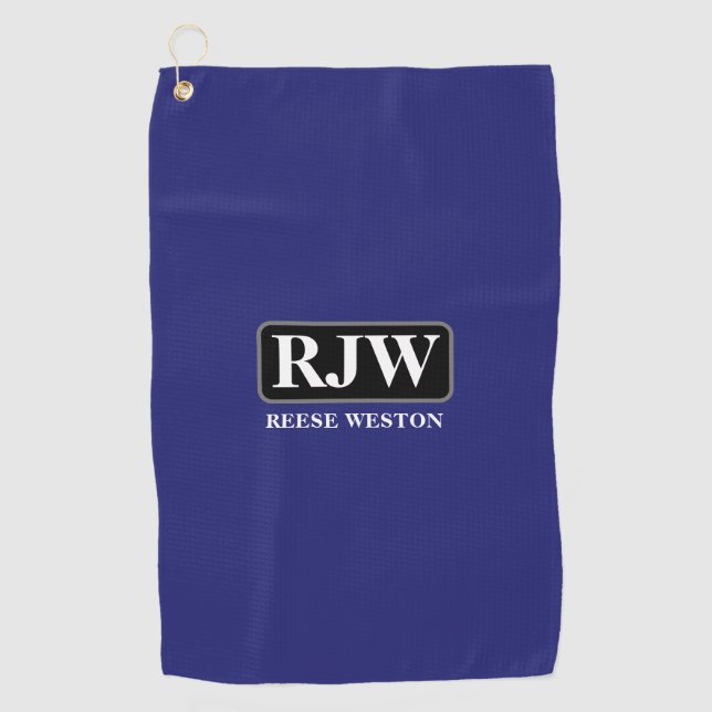 White Monogram Inside Grey Border, Name, Deep Blue Golf Towel (Front)