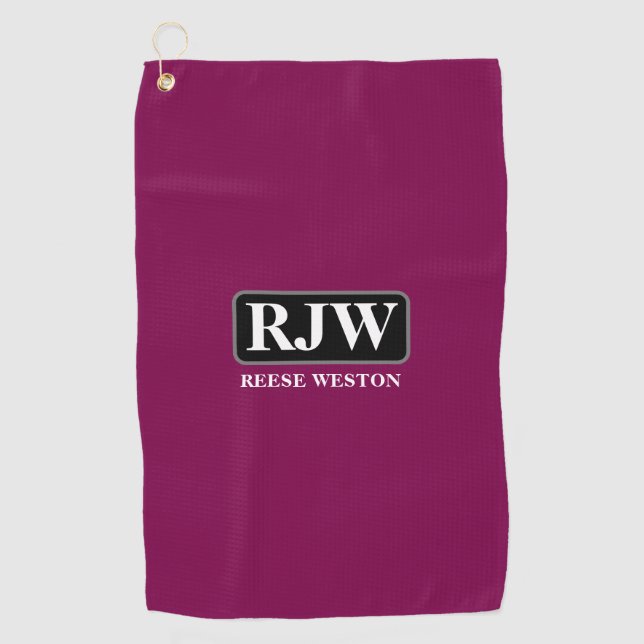 White Monogram Inside Grey Border, Name, Maroon Golf Towel (Front)