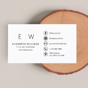 White Monogram Minimalist Social Media Icons Business Card