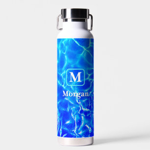 White Monogram & Name, Teal Frame, Blue Pool Water Water Bottle