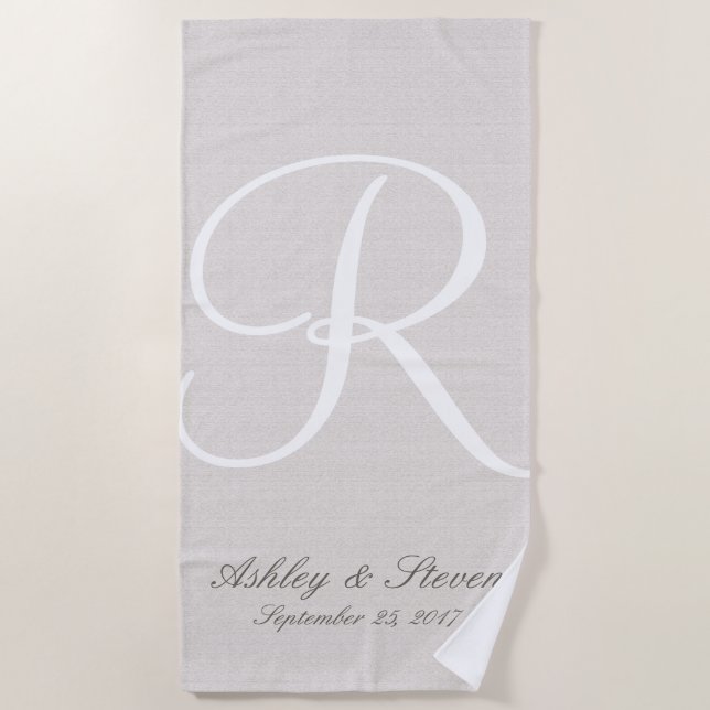 White Monogram | Rustic Linen Look Beach Towel (Front)