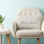 White Monogram Rustic Look Linen Wedding Lumbar Cushion<br><div class="desc">Personalized wedding gift for newlyweds.Rustic printed linen look and white monogram initial pillow with bride and groom names and wedding date in a script font overlay design on a PRINTED light beige linen photo effect background. Elke Clarke© for MonogramGallery at Zazzle. Makes a great gift for newly weds. Great trendy,...</div>