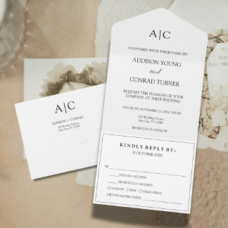 White Monogram Wedding All In One Invitation
