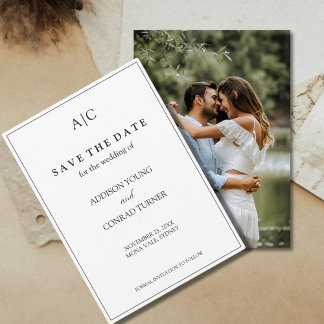White Monogram Wedding Photo Save the Date Card