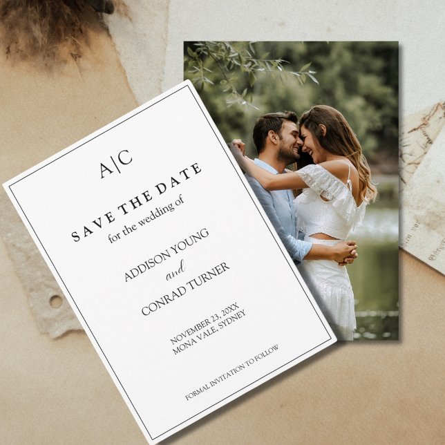 White Monogram Wedding Photo Save the Date Card (Creator Uploaded)