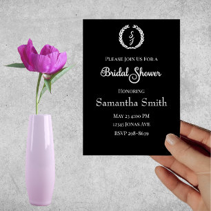 White Monogram Wreath on black Bridal Shower Invitation