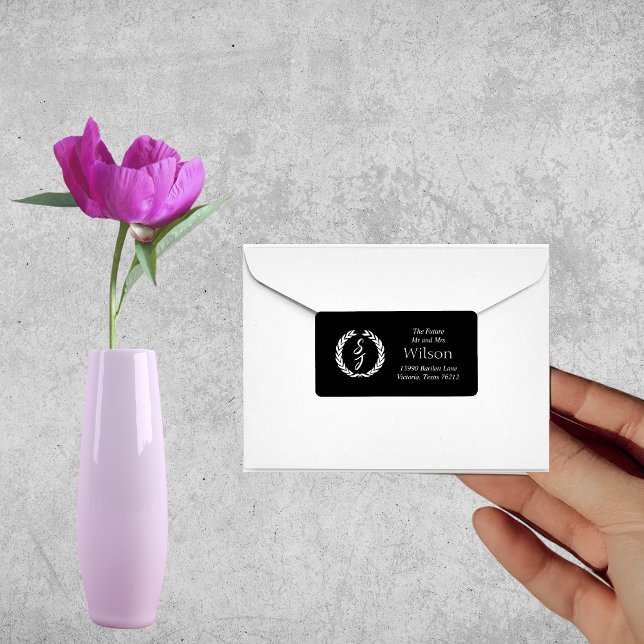 White Monogram Wreath on black Return Address Label (Creator Uploaded)