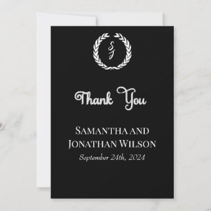 White Monogram Wreath on black Thank You Card