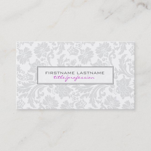 White Monotones Clean Floral Damasks 2 Business Card (Front)