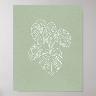 White Monstera Leaf Line Art on Sage Green Poster