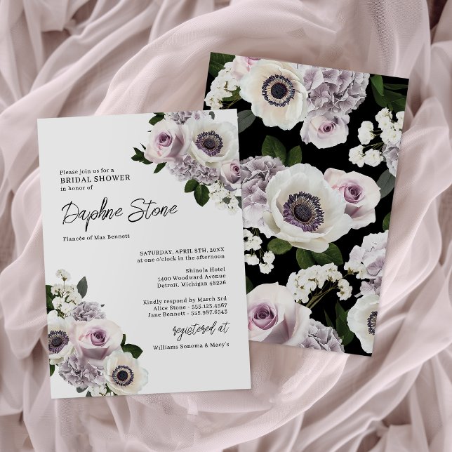 White Moody Anemone and Purple Roses Bridal Shower Invitation (Creator Uploaded)