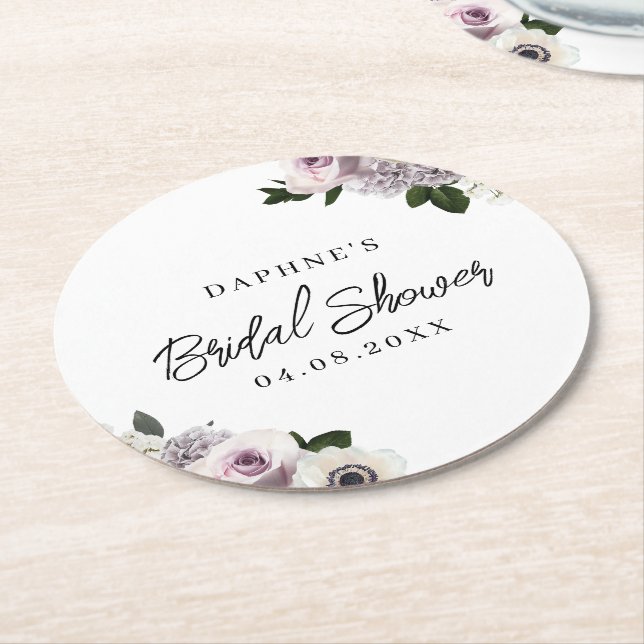 White Moody Anemone & Purple Floral Bridal Shower Round Paper Coaster (Angled)