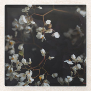 White moody flowers on dark background glass coaster