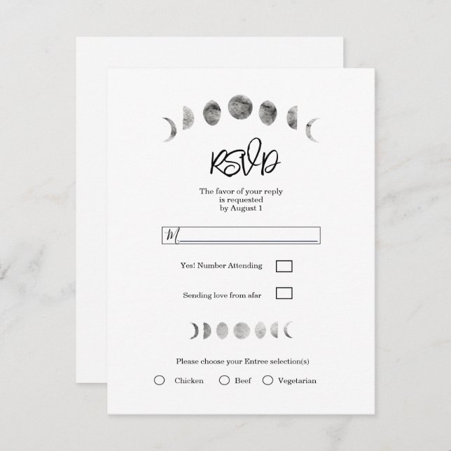 White Moon Phases Watercolor Minimal Wedding RSVP  Invitation (Front/Back)