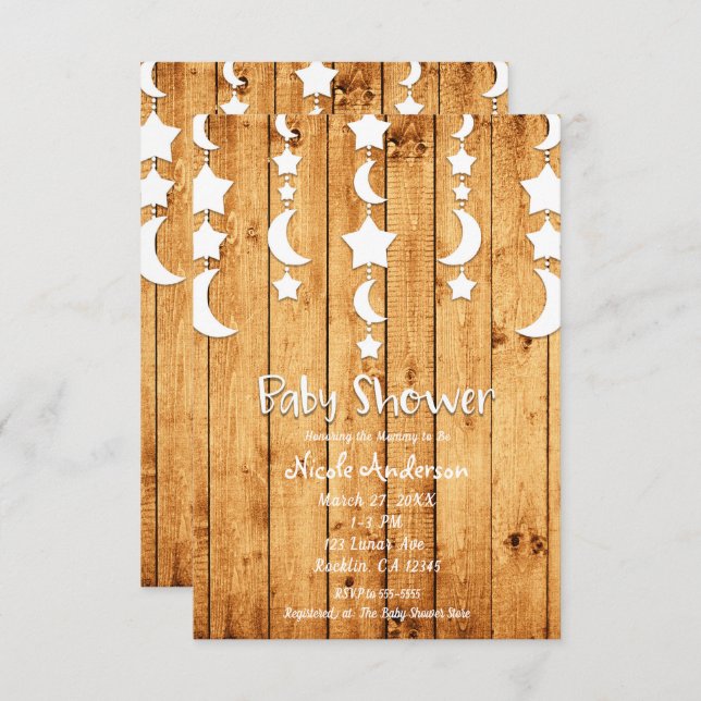 White Moon & Stars Oak Wood Baby Shower Invitation (Front/Back)