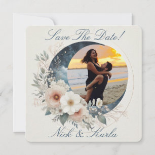 White Moonflower Save The Date Photo Announcement