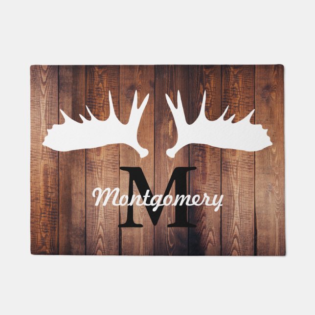 White Moose Antlers Barn Wood Planks Doormat (Front)