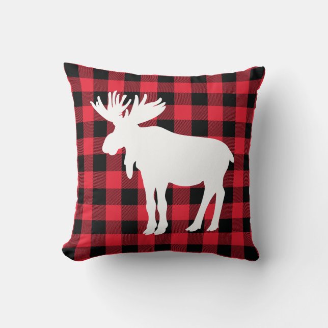 White Moose on Red Buffalo Check Throw Pillow (Front)