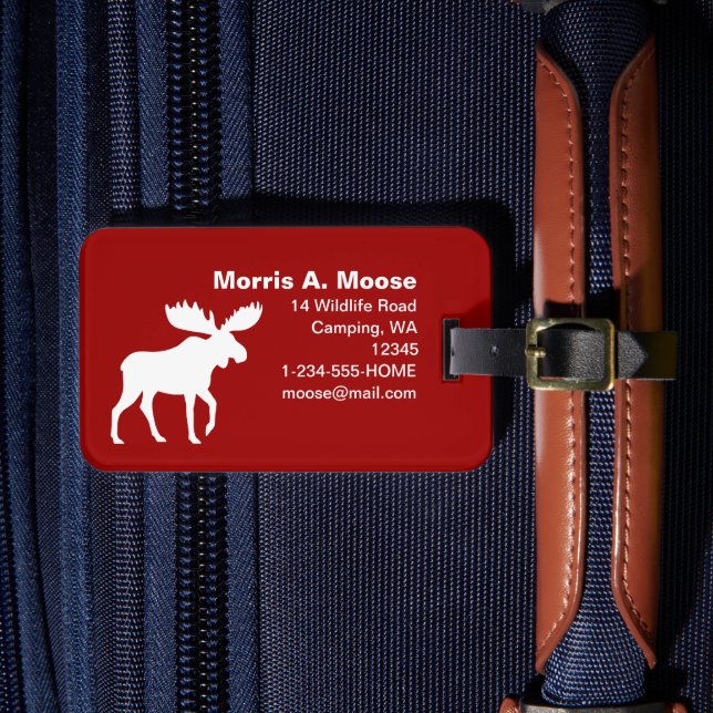 White Moose Silhouette on Red Luggage Tag (Front Insitu 4)
