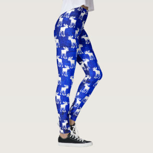 White Moose Silhouettes on Blue - Leggings