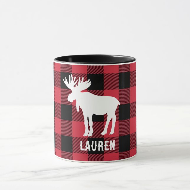 White Moose with Name Red Buffalo Check Mug (Center)